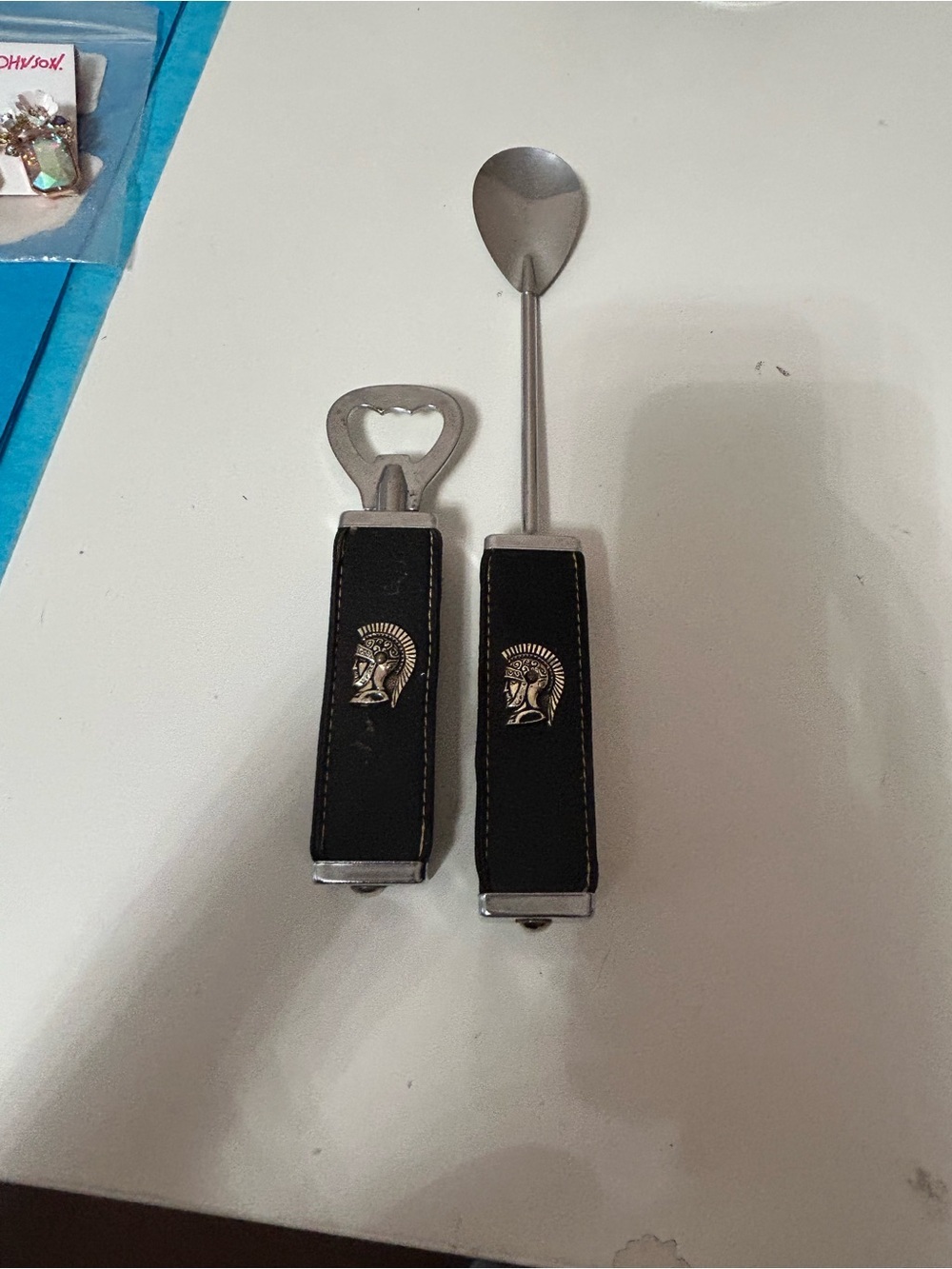 4/$100 vintage 1950 Black Leather-Handled Bartender Spoon and Bottle Opener Set